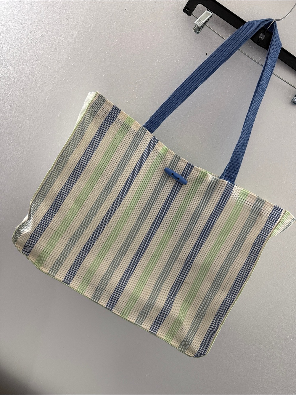 Striped Canvas Tote Bag in Blue and Green Mesh Sturdy Beach Travel Bag